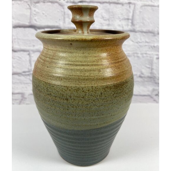 Handmade Other - VTG Studio Stoneware Art Pottery Handmade Earth Green Glaze Lid Jar Pot Signed